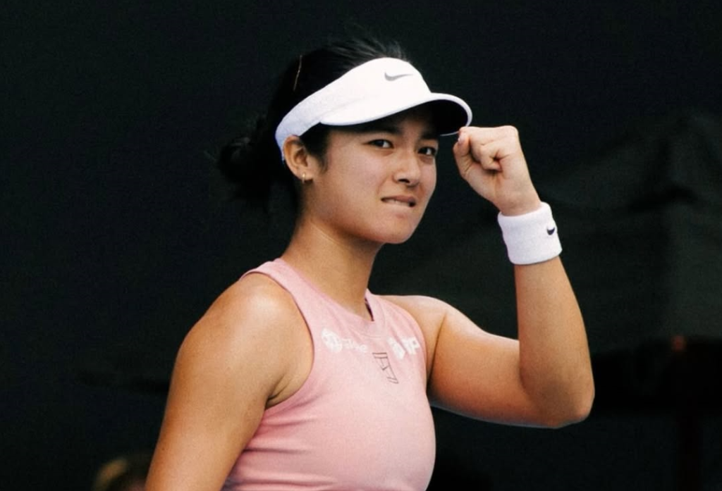 Alexandra Eala celebrates after securing her first win over Magda Linette at the ASB Classic. [photo credit: WTA Instagram]