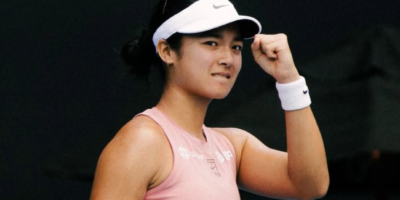 Alexandra Eala celebrates after securing her first win over Magda Linette at the ASB Classic. [photo credit: WTA Instagram]