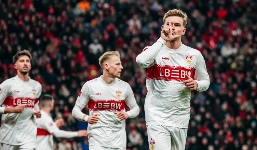VfB Stuttgart players celebrate a goal against Bayer Leverkusen. [photo credit: VfB Stuttgart 1893 Instagram]
