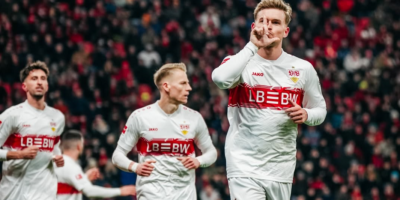VfB Stuttgart players celebrate a goal against Bayer Leverkusen. [photo credit: VfB Stuttgart 1893 Instagram]