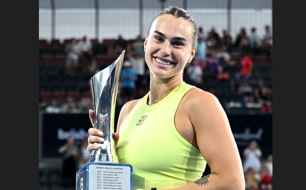 Brisbane International 2026 winner Sabalenka poses with the trophy. [photo credit: Brisbane International Instagram]