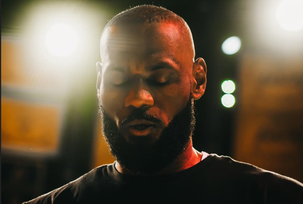 Close-up of LeBron James looking focused. [photo credit: LeBron James Instagram]