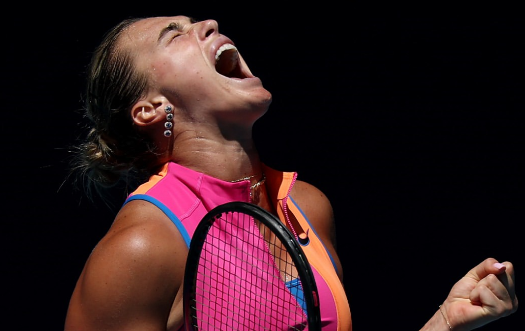 Aryna Sabalenka celebrates after winning the third-round match against Anastasia Potapova at the Australian Open. [photo credit: Australian Open Instagram]
