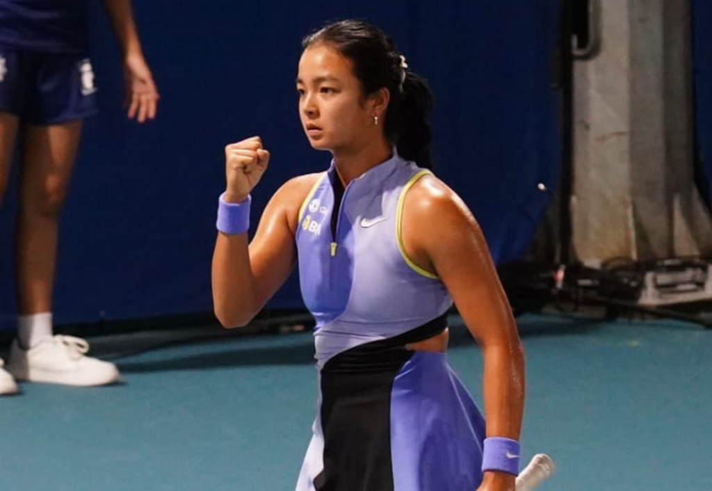 Alex Eala pumps her fist after scoring a point against Alina Charaeva on the way to a 6-1, 6-2 last night in the opening singles round of the Philippine Women's Open at the Rizal Memorial Tennis Center. [photo credit: Philippine Women's Open | PhilTA]