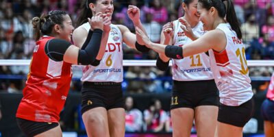 PLDT High Speed Hitters celebrate after a play against Creamline. [PVL Images]