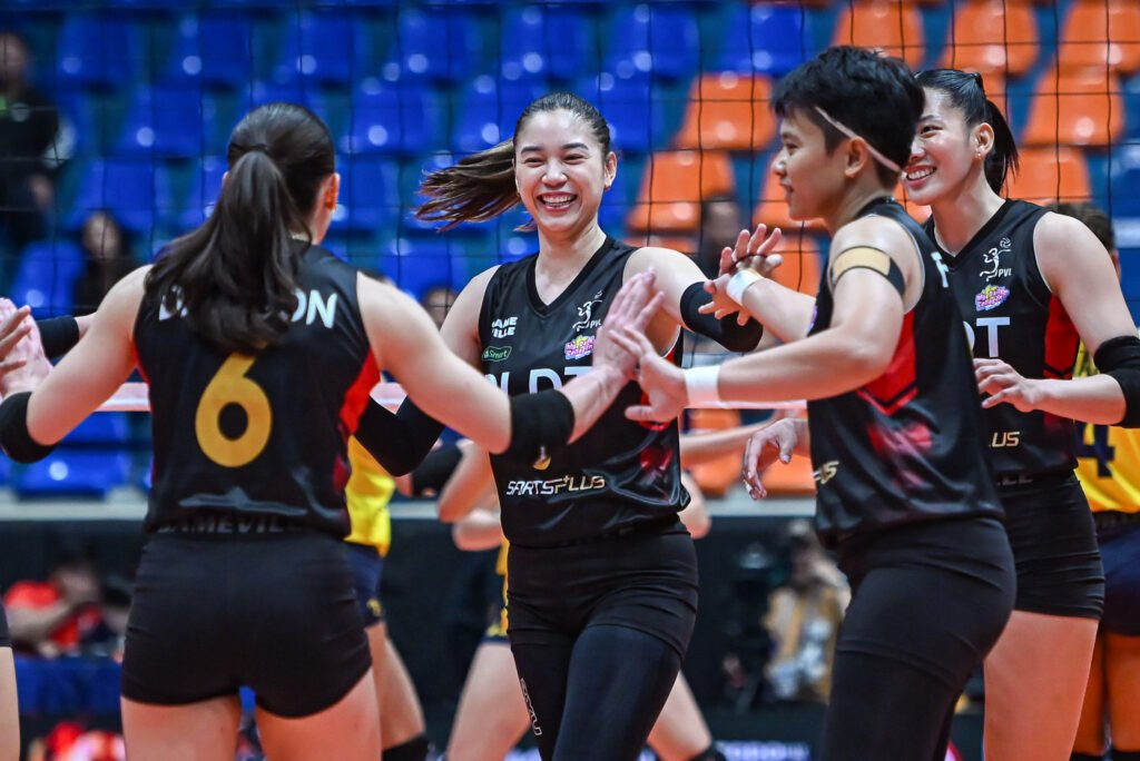 PLDT players celebrate a point during their PVL matchup with Capital 1 on Thursday, Feb. 12. [PVL Images]