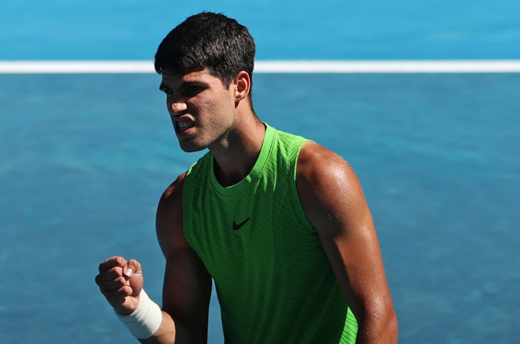 Carlos Alcaraz celebrates victory after defeating Alexander Zverev in a five-set Australian Open semifinal [photo credit: Australian Open Instagram]