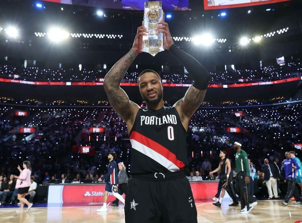 Damian Lillard celebrates winning his third NBA All-Star 3-point contest title. [photo credit: NBA Instagram]
