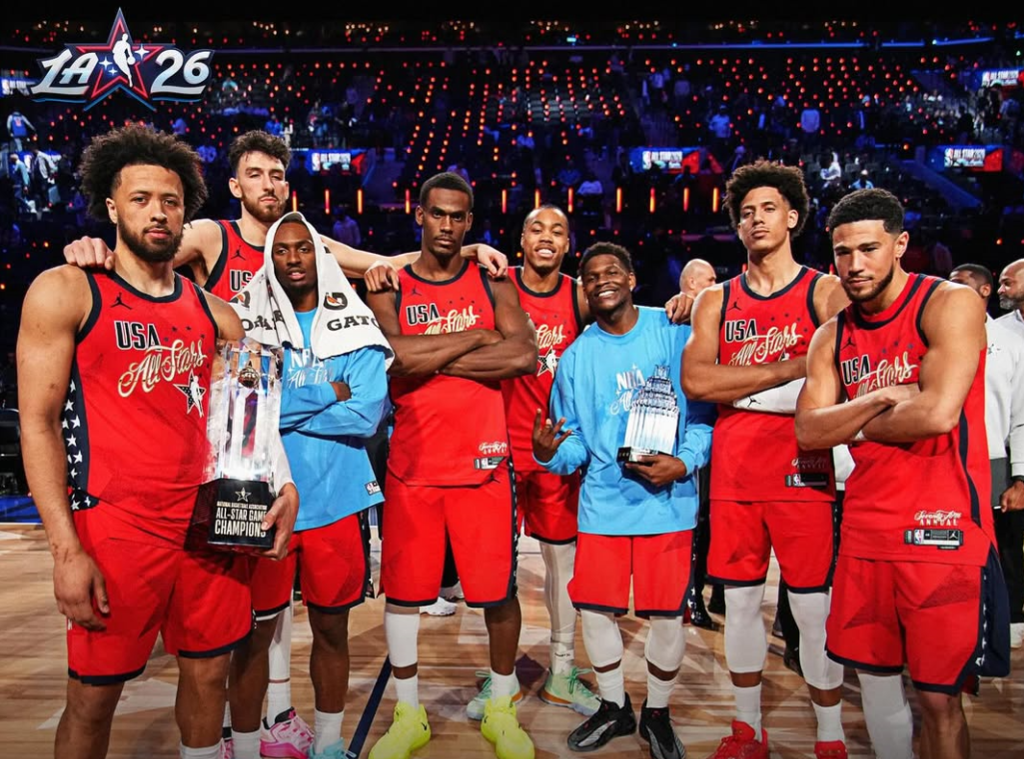 Edwards and the Stars team pose with the championship trophy at the Intuit Dome. [photo credit: NBA Instagram]