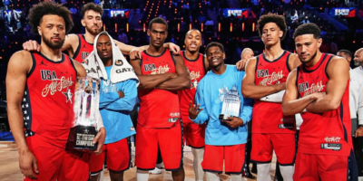 Edwards and the Stars team pose with the championship trophy at the Intuit Dome. [photo credit: NBA Instagram]