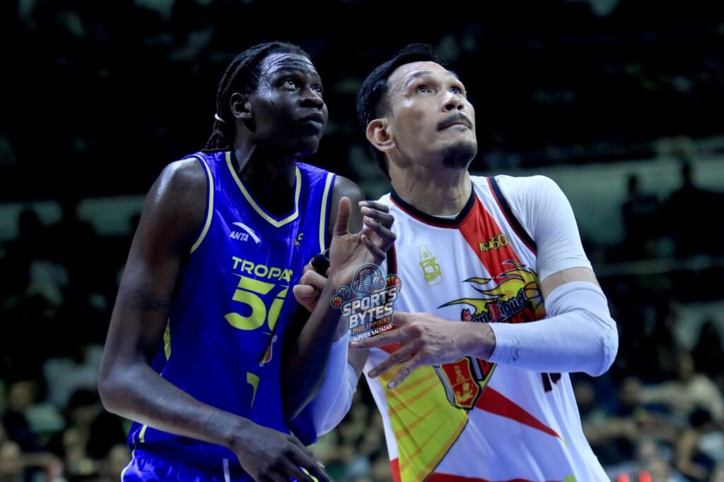 June Mar Fajardo of San Miguel battles against Bol Manute Bol of TNT during their March 28, 2026 matchup. TNT won, 118-92. [Peter Baltazar photos]
