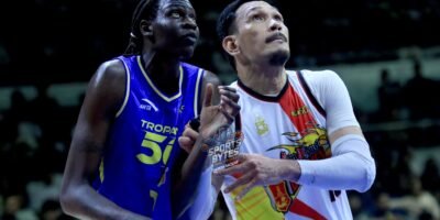 June Mar Fajardo of San Miguel battles against Bol Manute Bol of TNT during their March 28, 2026 matchup. TNT won, 118-92. [Peter Baltazar photos]
