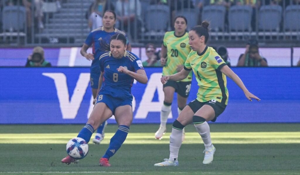 Filipinas Sara Eggesvik making a stand against Australian Matildas Clare Wheeler