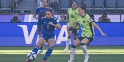 Filipinas Sara Eggesvik making a stand against Australian Matildas Clare Wheeler