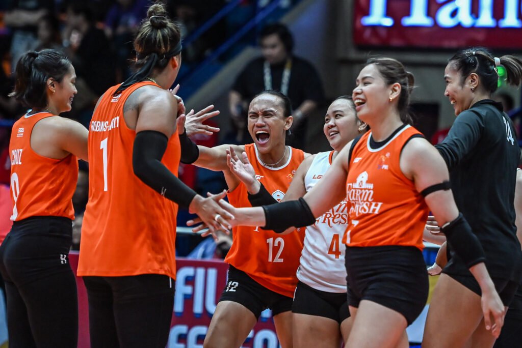 Farm Fresh Foxies celebrate after winning a five-set thriller against the Choco Mucho Flying Titans in the PVL All-Filipino Conference. [PVL Images]