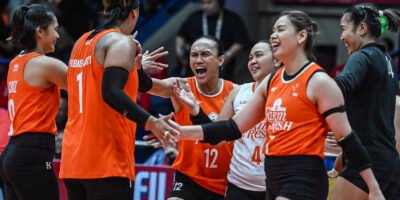 Farm Fresh Foxies celebrate after winning a five-set thriller against the Choco Mucho Flying Titans in the PVL All-Filipino Conference. [PVL Images]