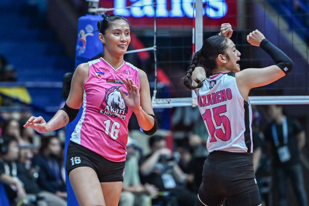 Ivy Lacsina celebrates a key point as Akari snaps Creamline’s winning streak in PVL action. [PVL Images]