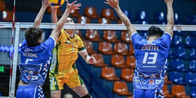 JM Ronquillo attacks the net as Alpha Insurance defeats 3B in the Spikers’ Turf Open Conference. [Spikers Turf photo]