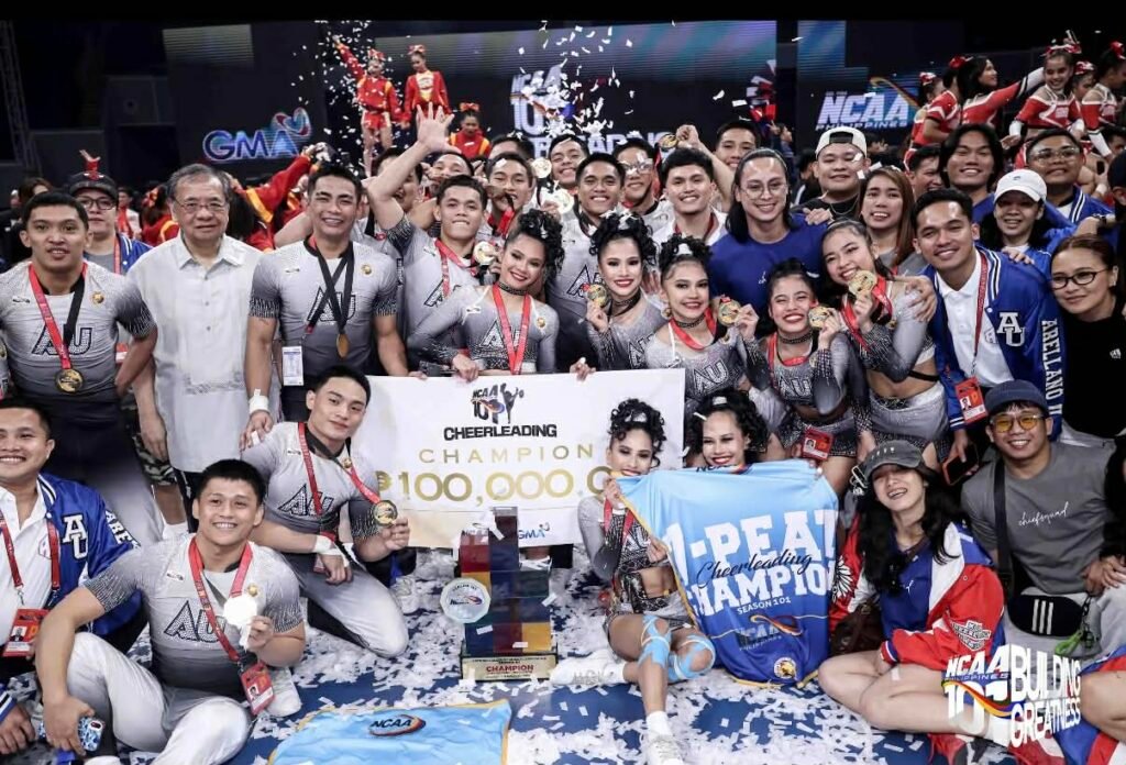 Arellano cheerleaders celebrate their seventh consecutive NCAA championship at the Mall of Asia Arena.