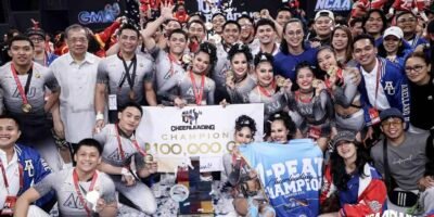 Arellano cheerleaders celebrate their seventh consecutive NCAA championship at the Mall of Asia Arena.