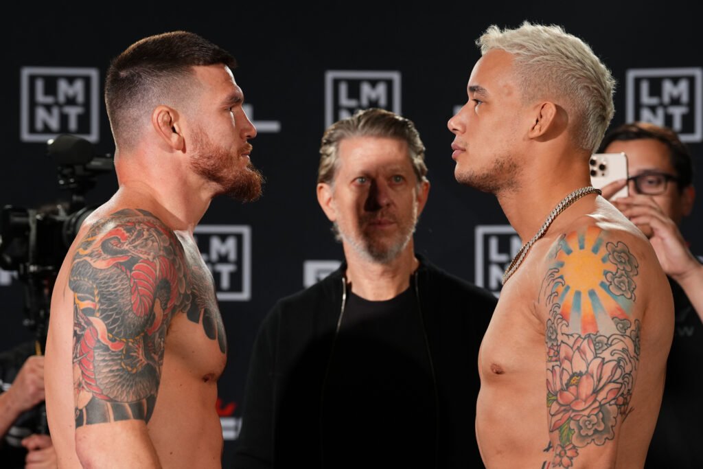 Johnny Eblen and Bryan Battle face off after making weight for the PFL Pittsburgh main event.