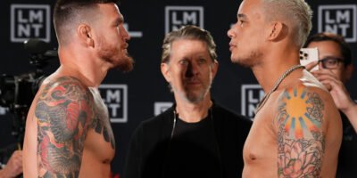 Johnny Eblen and Bryan Battle face off after making weight for the PFL Pittsburgh main event.