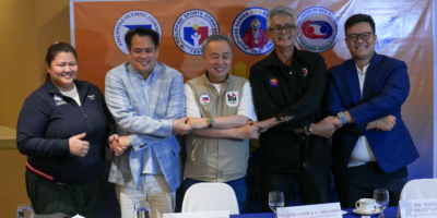Sydney Tancontian, Pilipinas Sambo Federation Pres. Paolo Tancontian, POC Pres. Abraham Tolentino, PSC Comm. Matthew Gaston, and POC SecGen Atty. Wharton Chan