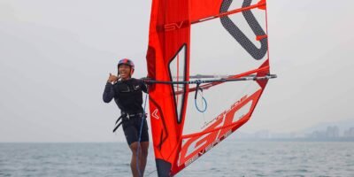 Dhenver John Castillo celebrates after clinching silver in boys’ foil windsurfing at the 6th Asian Beach Games in Sanya, China. [POC Media Pool]