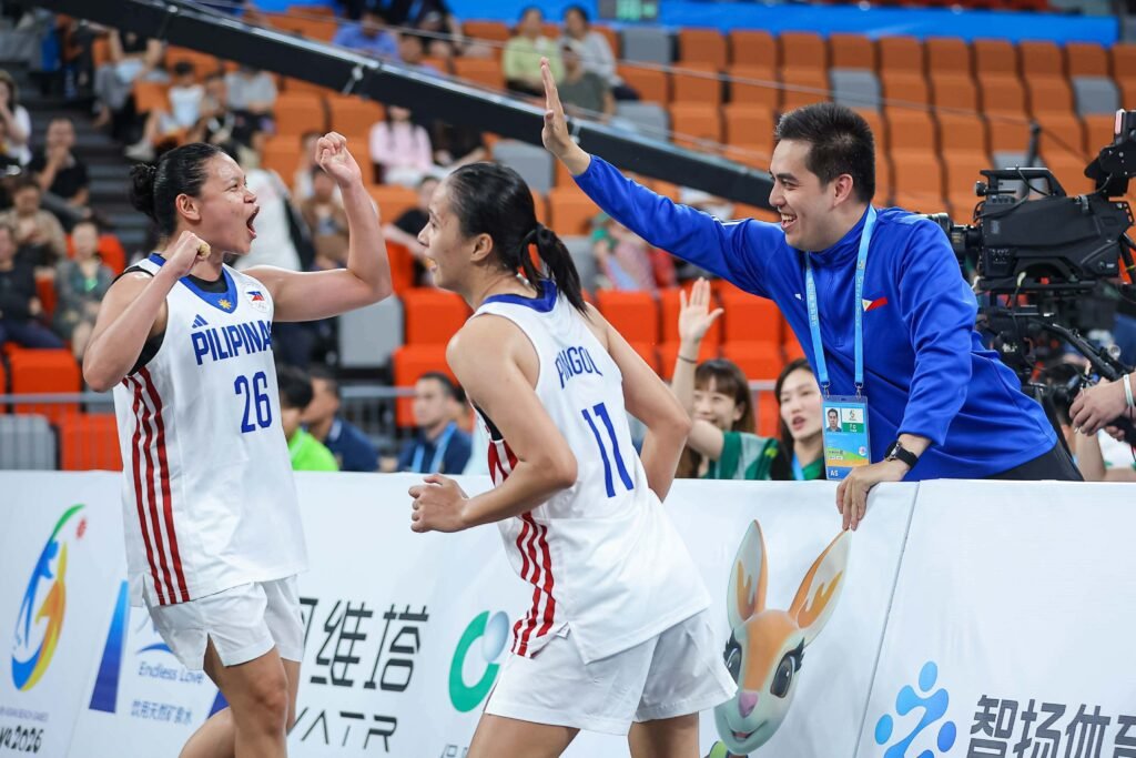 Gilas Pilipinas 3x3 women celebrate after defeating Singapore on Wednesday to reach the Asian Beach Games final. [POC media pool]
