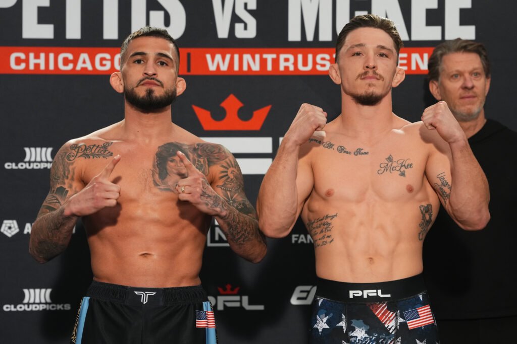 Main card fighters step on the scale at Wintrust Arena