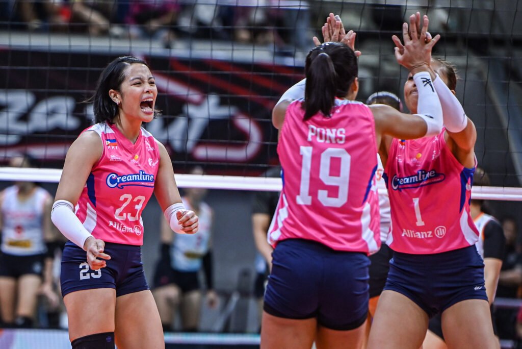 Creamline celebrates a key point in Game 1 of the PVL Finals against Cignal [PVL Images]