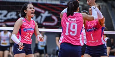 Creamline celebrates a key point in Game 1 of the PVL Finals against Cignal [PVL Images]