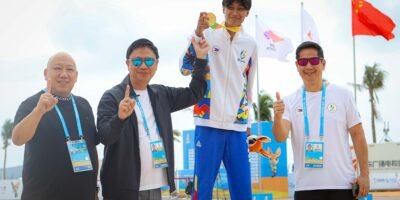 Leonard Grospe clears 2.05m en route to high jump gold for Team Philippines. [POC media pool]