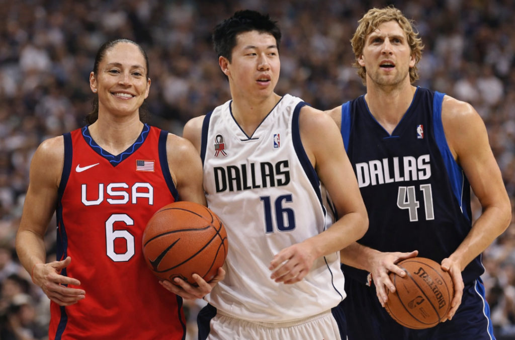 [L-R] Sue Bird, Wang Zhizhi and Dirk Nowitzki