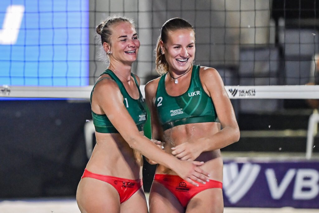 Valentyna Davidova and Anhelina Khmil during the Nuvali Challenge quarterfinals. [PNVF photo]