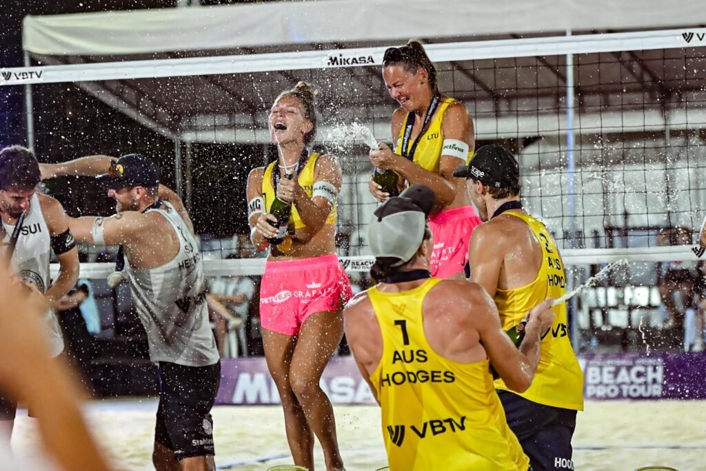 Monika Paulikiene and Aine Raupelyte celebrate their first championship together in the Volleyball World Beach Pro Tour Nuvali Challenge. [PNVF photo]
