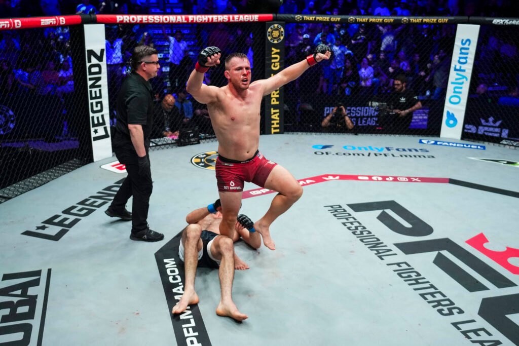 Logan Storley overwhelms Florim Zendeli during a dominant main event performance at PFL Sioux Falls. [PFL photo]