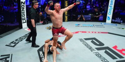 Logan Storley overwhelms Florim Zendeli during a dominant main event performance at PFL Sioux Falls. [PFL photo]