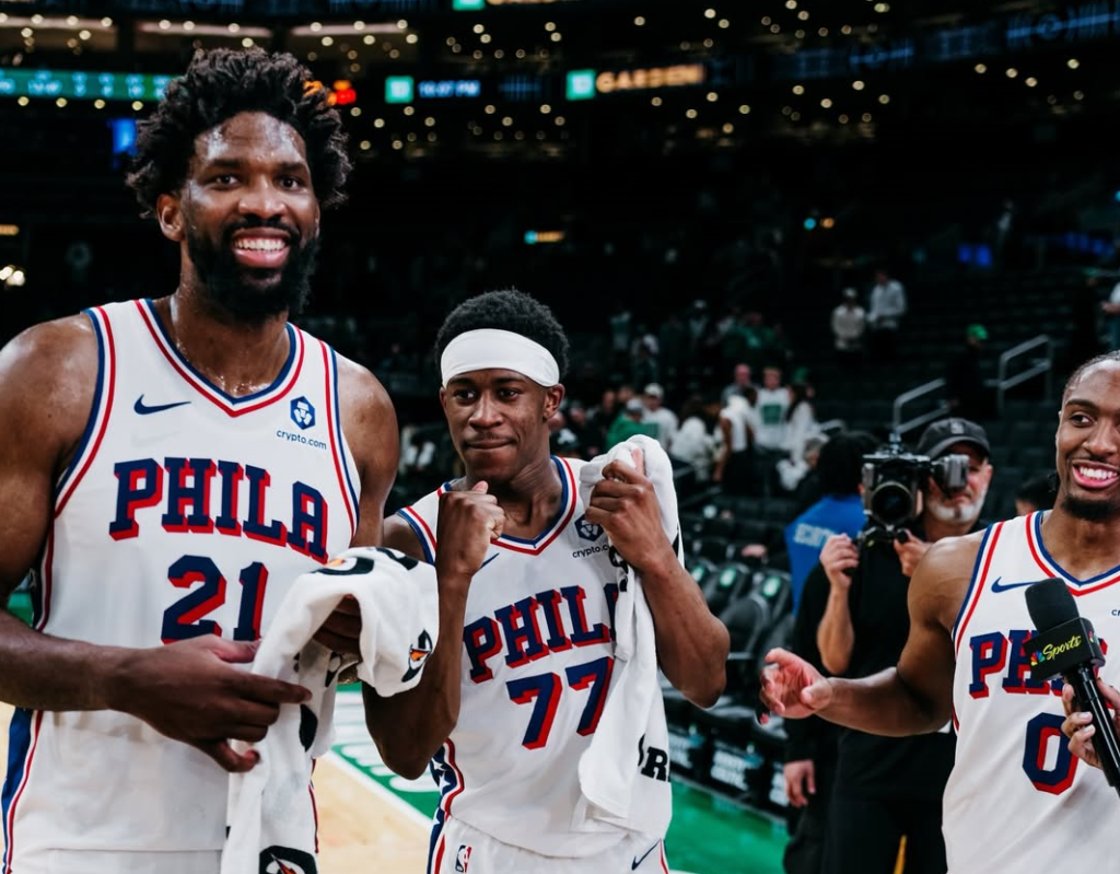 Joel Embiid celebrates after leading Philadelphia to its historic playoff breakthrough over Boston. [photo credit: Philadelphia 76ers Instagram]