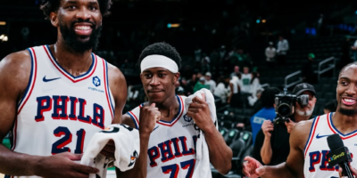 Joel Embiid celebrates after leading Philadelphia to its historic playoff breakthrough over Boston. [photo credit: Philadelphia 76ers Instagram]
