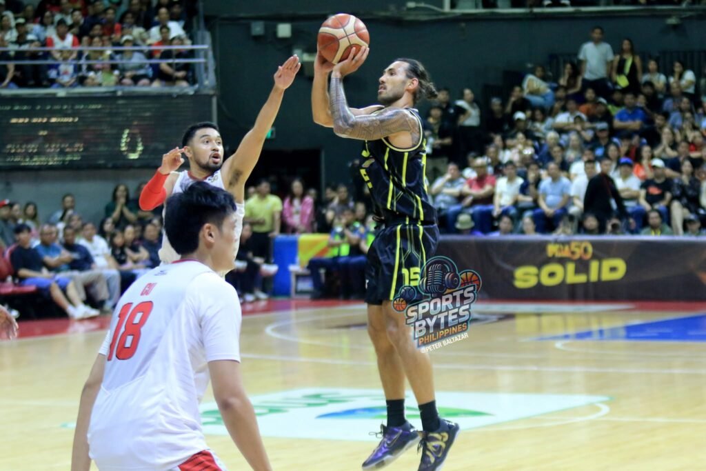 Jordan Heading shoots a three-pointer during TNT’s Game 4 win over Ginebra in Quezon City. [photo credit: Peter Baltazar]