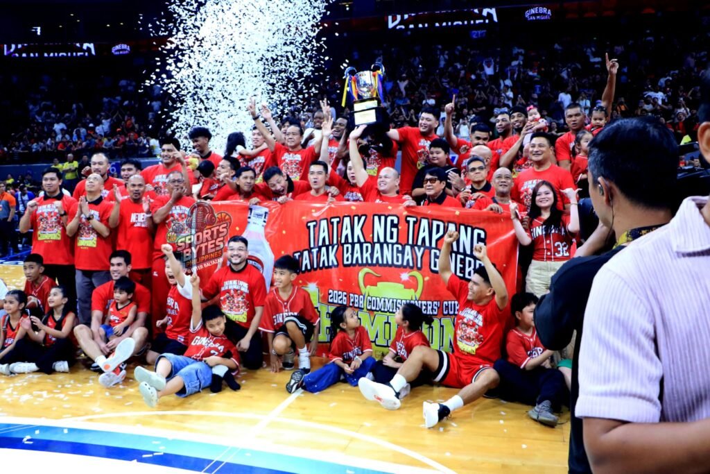 Barangay Ginebra celebrates after winning the PBA Commissioner’s Cup championship. [photo credit: Peter Baltazar]