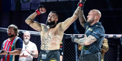 Pavel Dailidko celebrates his successful BRAVE CF heavyweight title defense after a first-round stoppage victory [BRAVE CF photo]