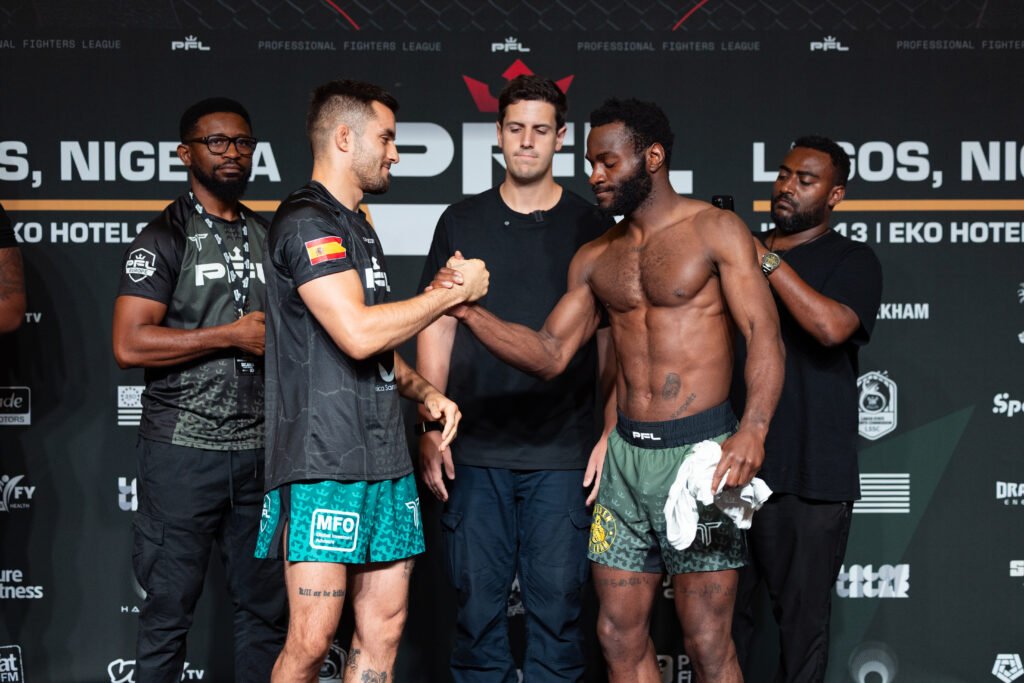 Fighters face off ahead of PFL Africa Nigeria First Round weigh-ins in Lagos.