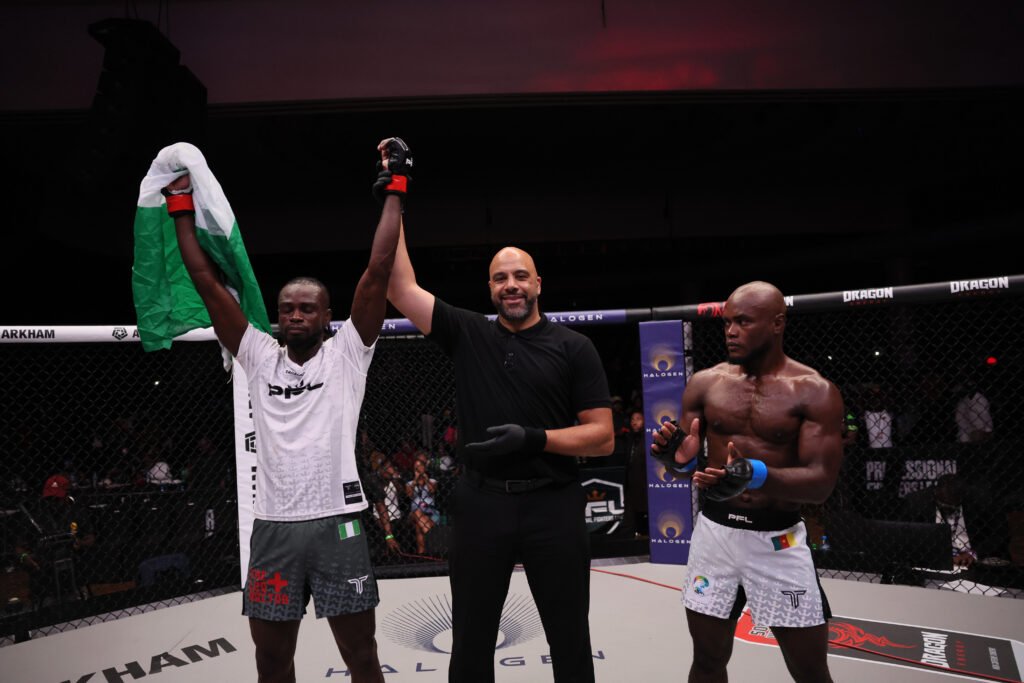 Patrick Ocheme celebrates after his first-round knockout victory in Lagos. [PFL photo]