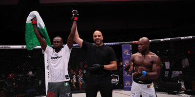 Patrick Ocheme celebrates after his first-round knockout victory in Lagos. [PFL photo]