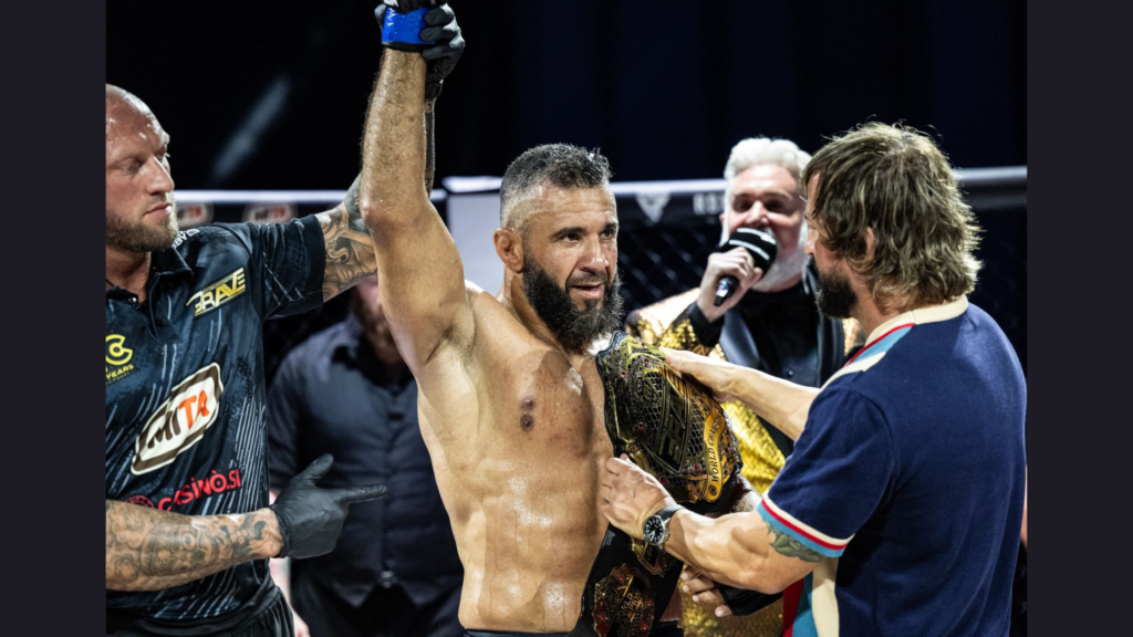 Mohamed Said Maalem celebrates becoming the new BRAVE CF light heavyweight champion in Ljubljana, Slovenia.