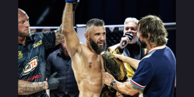 Mohamed Said Maalem celebrates becoming the new BRAVE CF light heavyweight champion in Ljubljana, Slovenia.