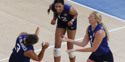 Team USA celebrates a point during their VNL match against Serbia in Pasig City. [PSC photo]