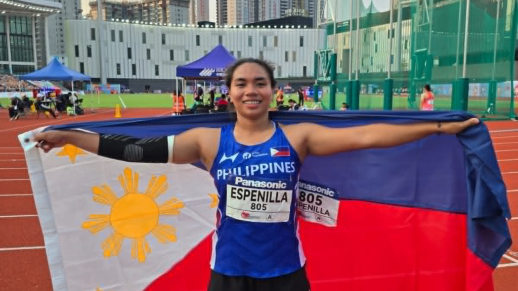 Ana Bhianca Espenilla celebrates her silver medal at the Asian U20 Athletics Championships in Hong Kong.